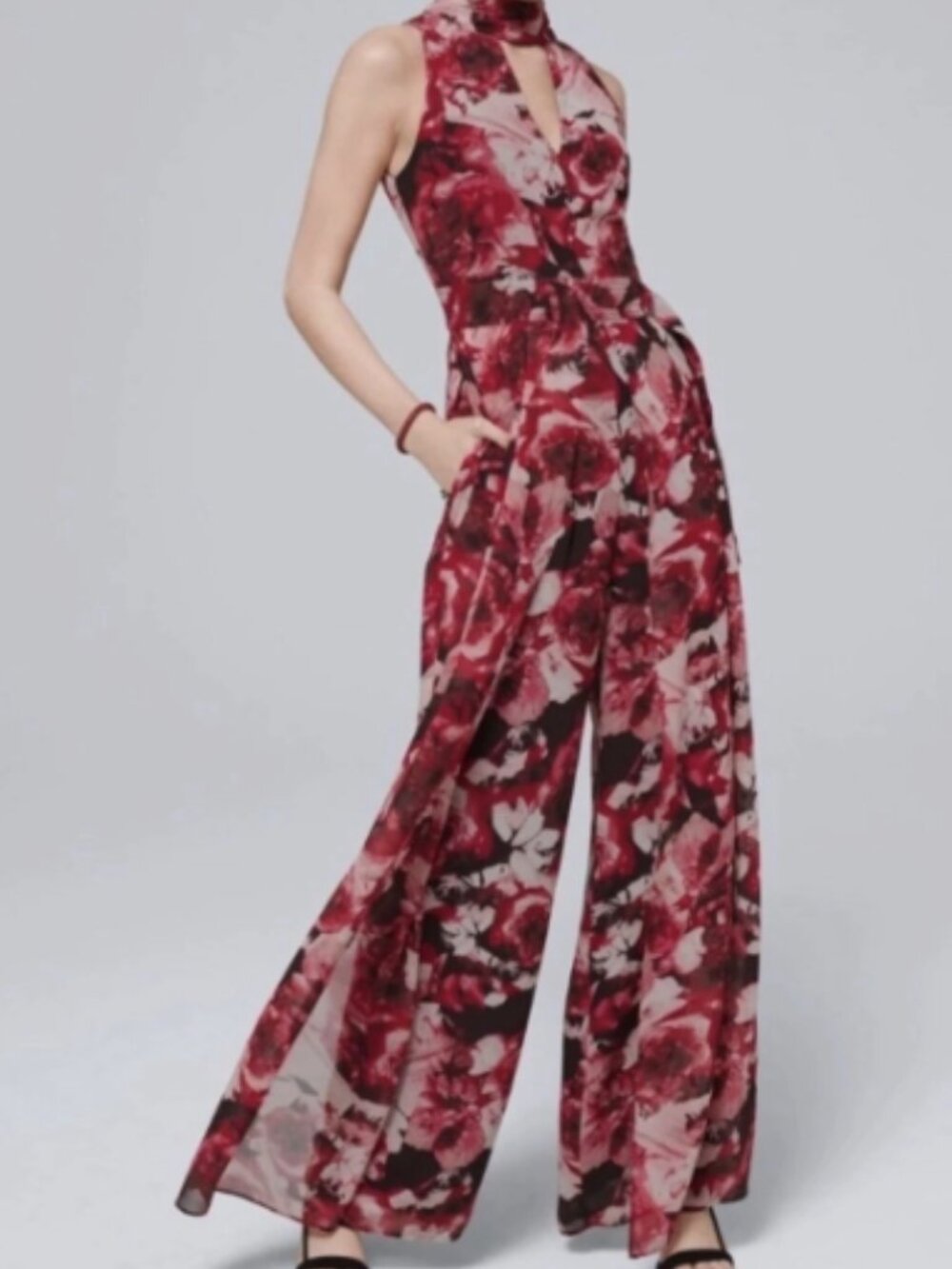 Black Market White House Flashy JumpSuit Red, Pink, Black Floral Wide Leg, Sz. 8
